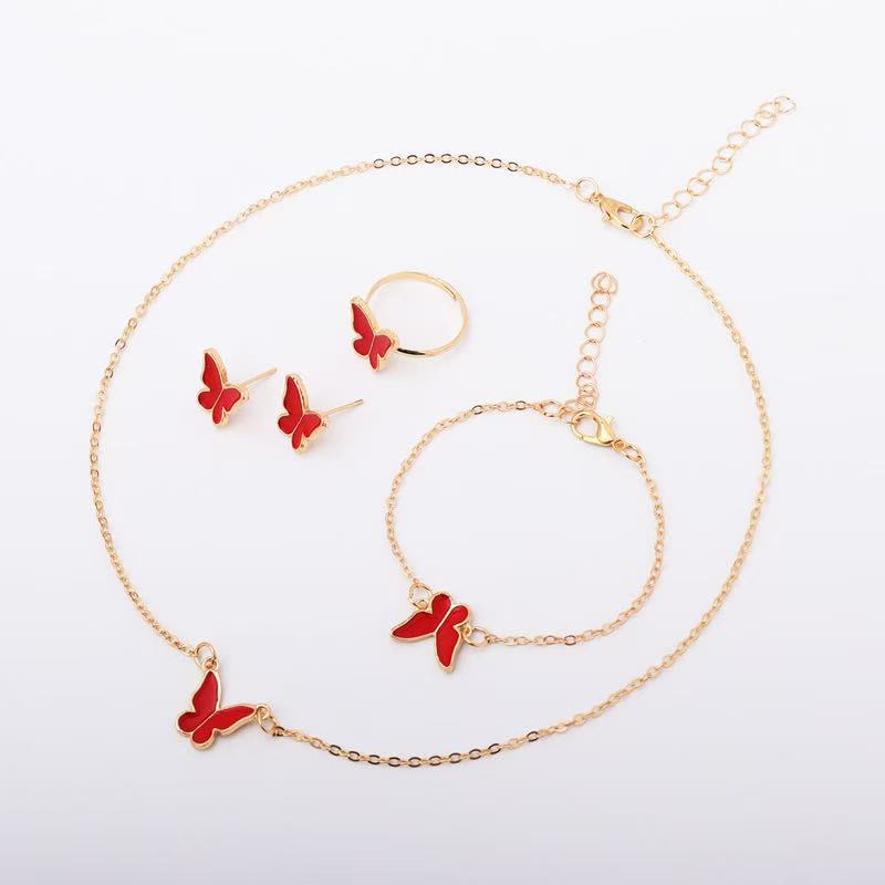 6pcs Luxury Watch Women Ring Necklace Earrings Bracelet Set Watches Butterfly Leather Strap Ladies Quartz WristWatch No Box5Pcs Red Jewelry Set  