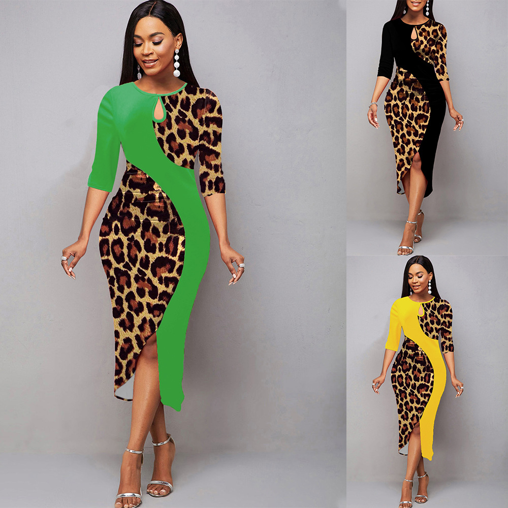 XY030 Women's Short Sleeve Crewneck Dress Casual Tight Leopard Print Dress