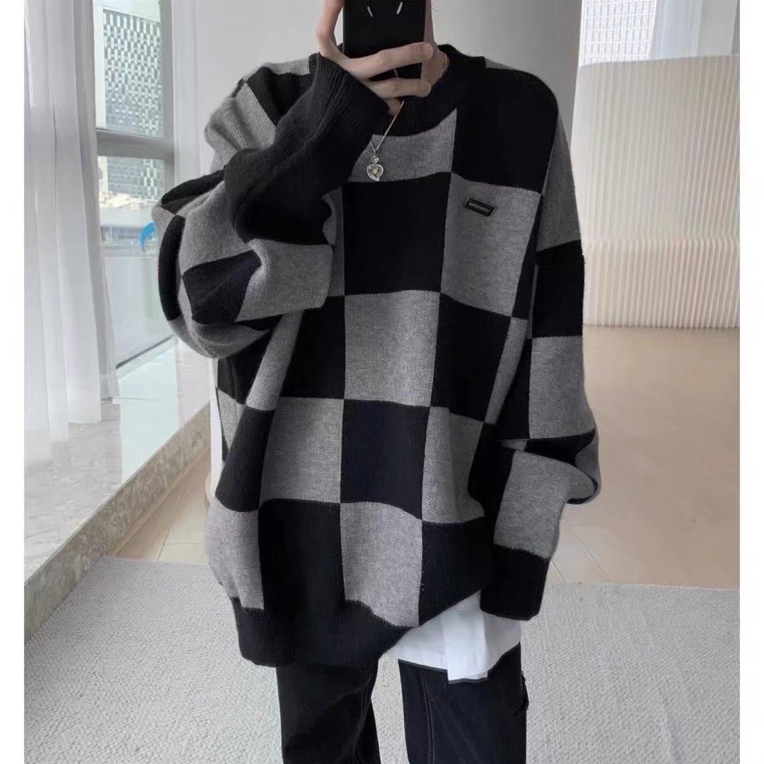 Men's Fall/Winter Black Checkered Sweater Loose Knit Top