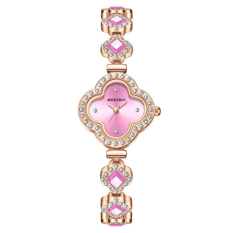 Best Wrist Watches For Ladies  Four-Leaf Clover Bracelet, Versatile, Luxurious, Green Gem-Set Diamond Compact WatchPink