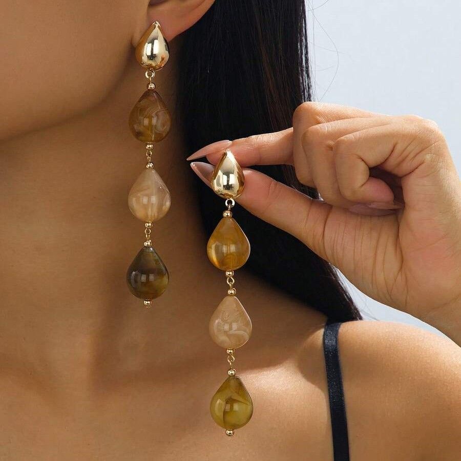 Vintage 4-Tier Gradient Amber Resin Teardrop Earrings, Gold Plated Long Dangle Drop Earrings for Women, Bohemian Style Lightweight Statement Jewelry
