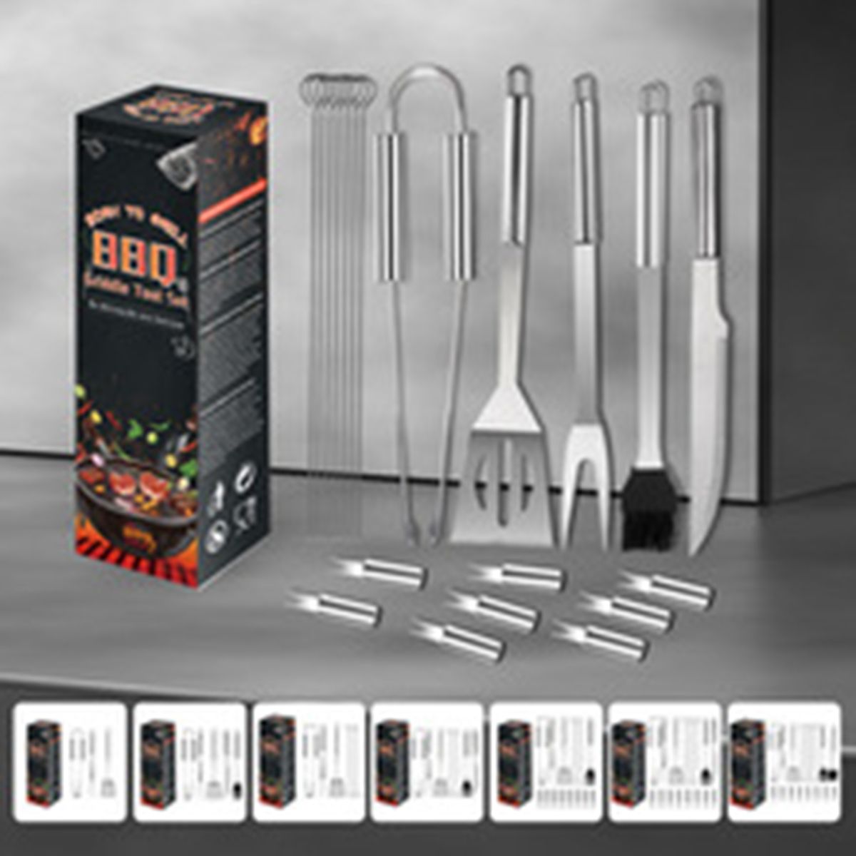 Stainless steel barbecue tool set in paper box for home users to carry cleaning brushes and BBQ combination grills outside