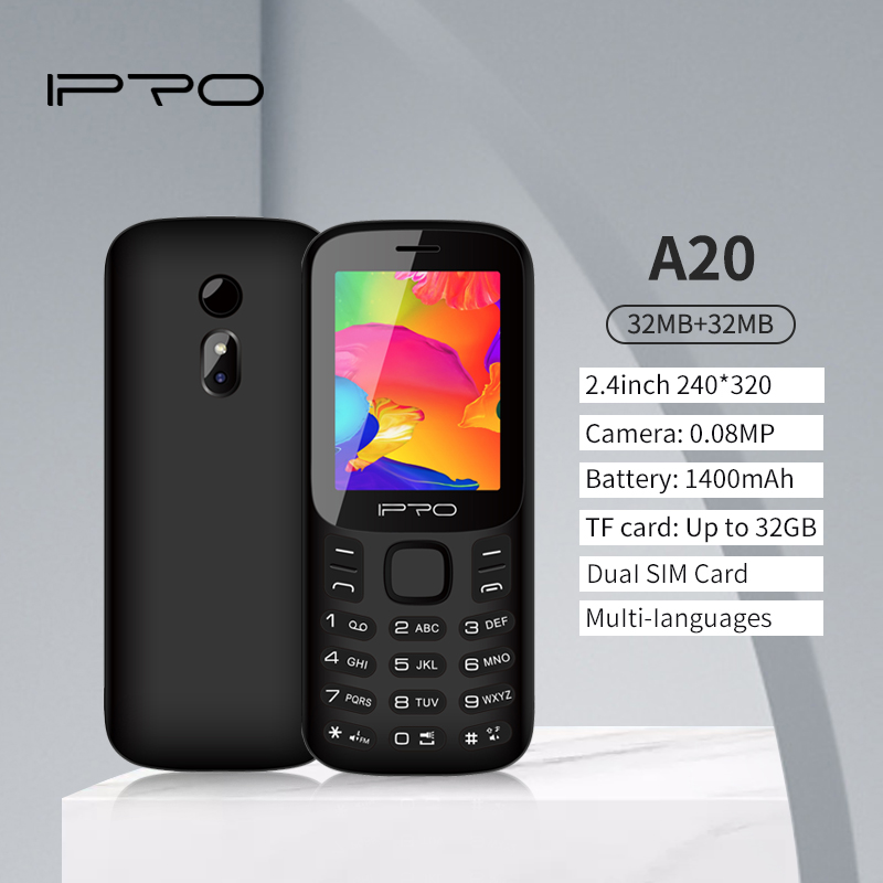 IPRO A20 2G Feature Phone 1400mAh Large Battery FM MP3 Music Playing 0.08MP Camera with Flashlight Torch French English Language 32MB GSM Celular Mobile Phones 