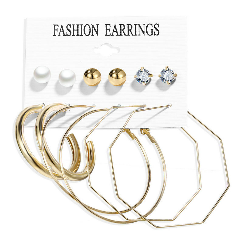5547 6pcs Fashion Women's Earrings Set Pearl Hoop Earrings For Women Female Geometric Crystal Gold Round Drop Earring Trend Jewelry