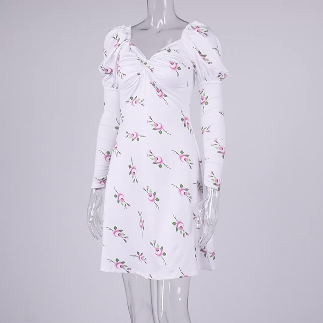 SUM3992A Women's Sexy V-Neck Printed Puff Sleeves Backless A-Line Vintage Mini Dress