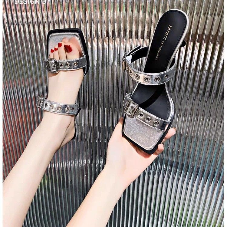 Summer new square head high-heeled slippers women Europe and the United States metal wind large size slender heels women's shoes tide high-heeled sandals 3984211