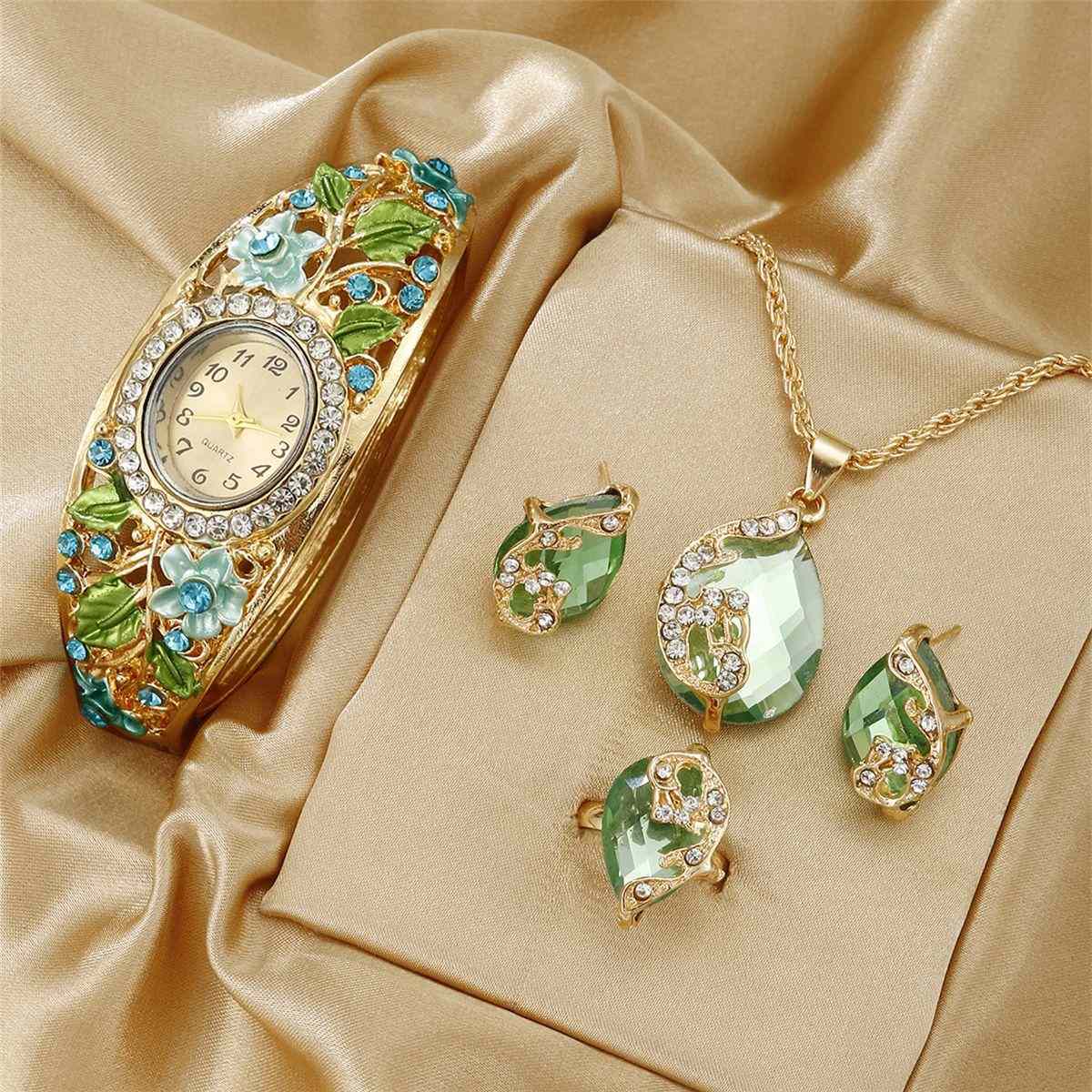 Vintage Floral Enamel Women’s Quartz Watch & Jewelry Set, 4-Piece with Rhinestone Crystal Necklace, Earrings & Ring, Elegant Retro Ornate Design, Non-Waterproof Decorative Accessory Set
