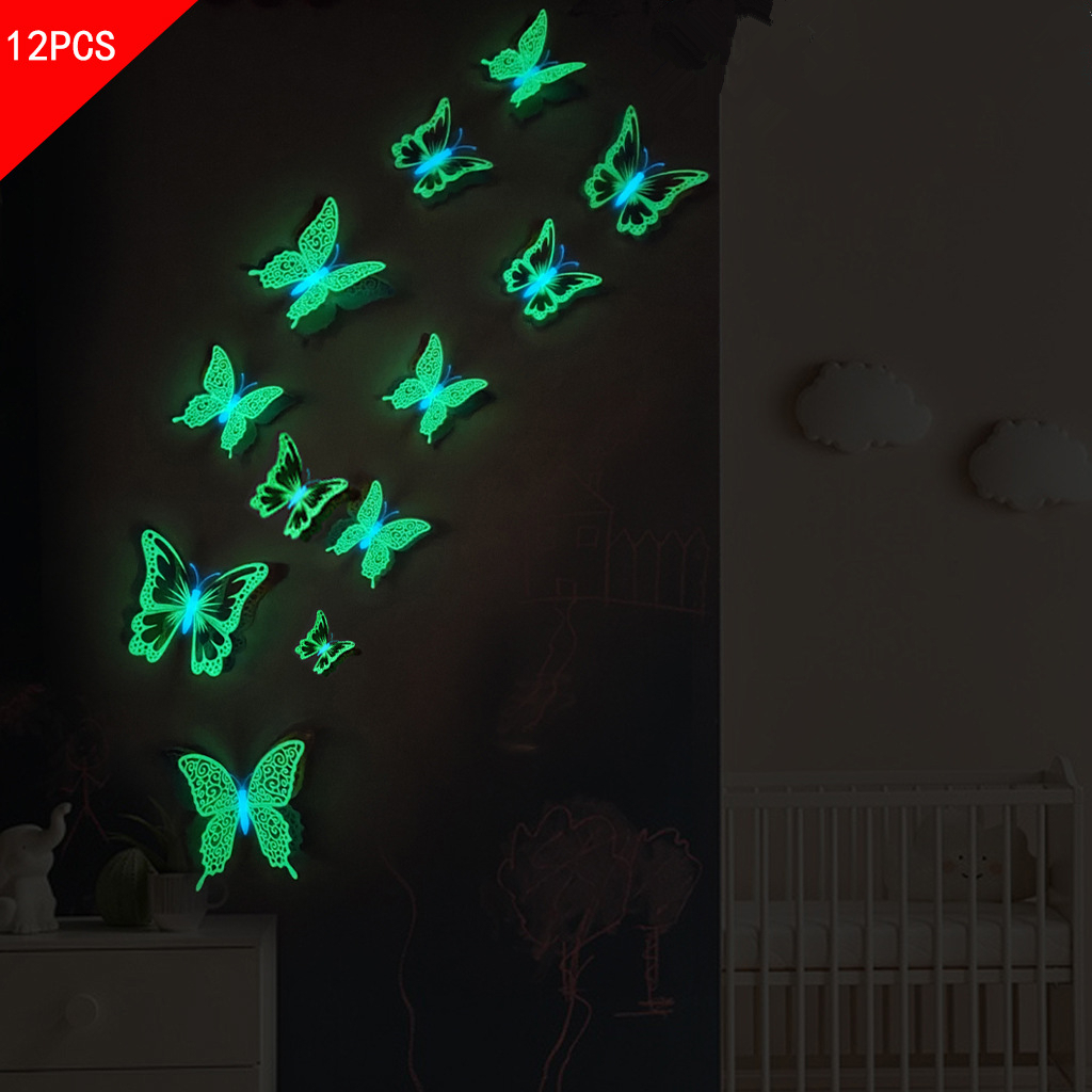 B-L-002 12Pcs/Set Luminous Butterfly Wall Stickers Living Room Butterflies For Wedding Party Decoration Home 3D Fridge Decals Wallpaper