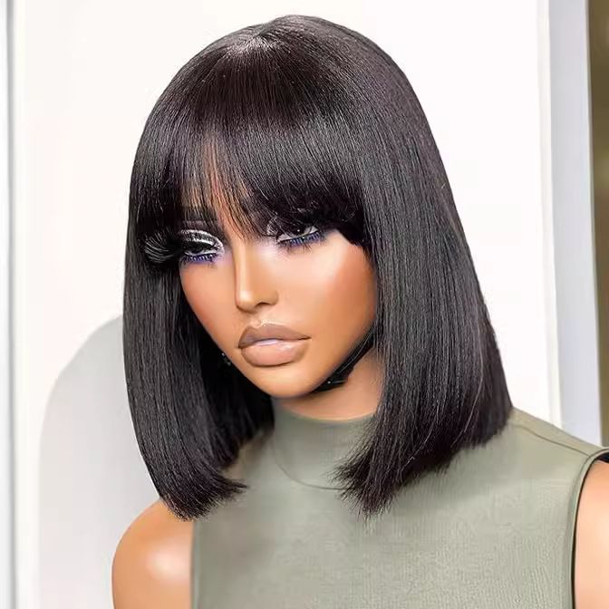 Western-Style Women's High-Temperature Fiber Bob Wig, Straight Bangs Chestnut Brown Wig Cap, Cross-Border Natural Realistic Export Wig