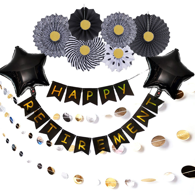 Happy Retirement Banner Gold Black Balloons with Sash and Paper Garland Retirement Party Decorations for Men Women