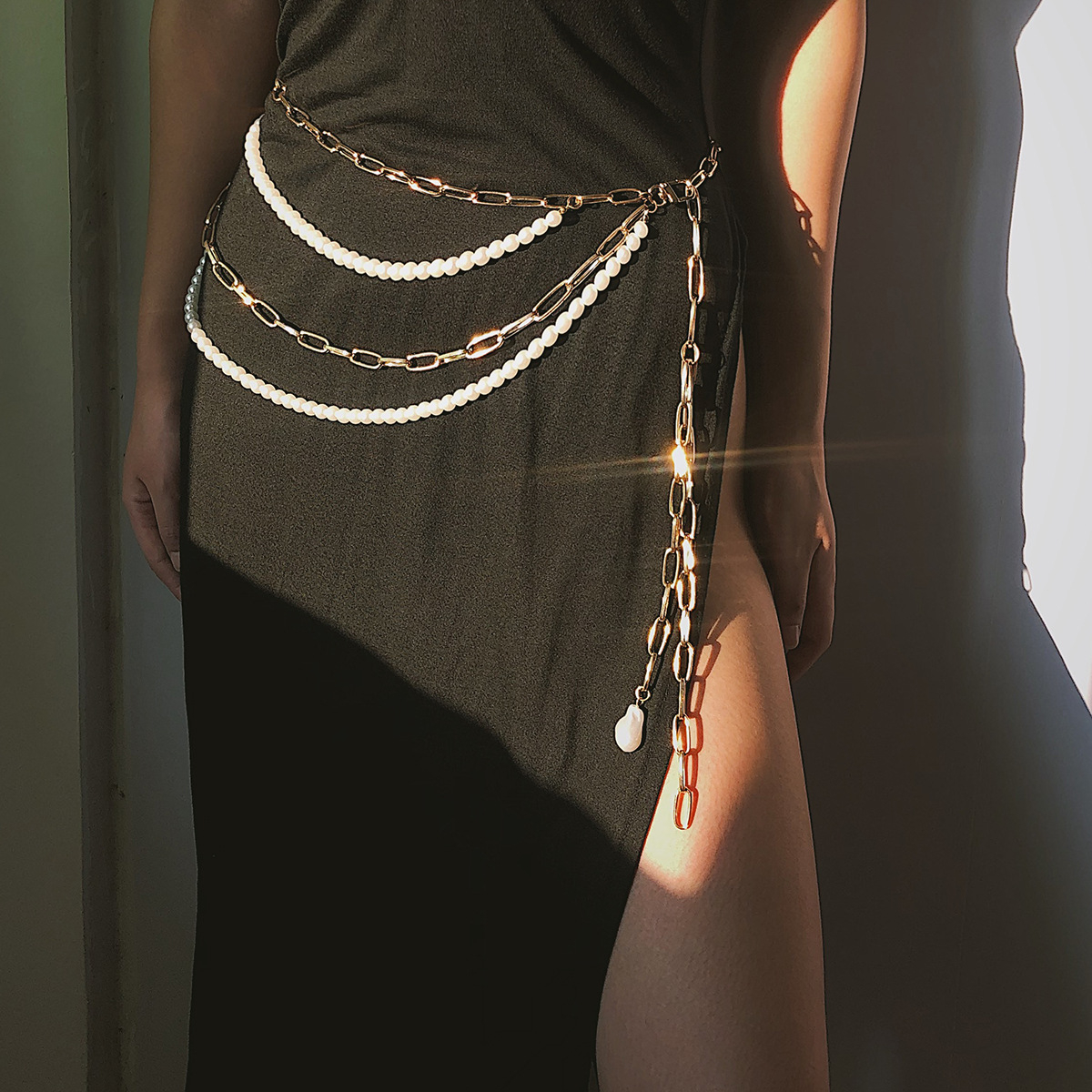 D0517 Women's Simple Tassel U-Shaped Body Chain Multi-Layer Imitation Pearl Waist Chain