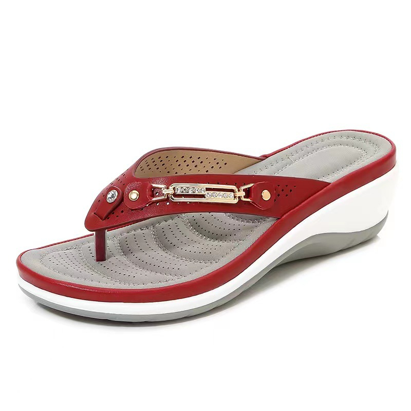 Women's Comfortable Flip Flops with Metal Rhinestones Buckle Decor Summer Casual Wedge Sandals Shoes
