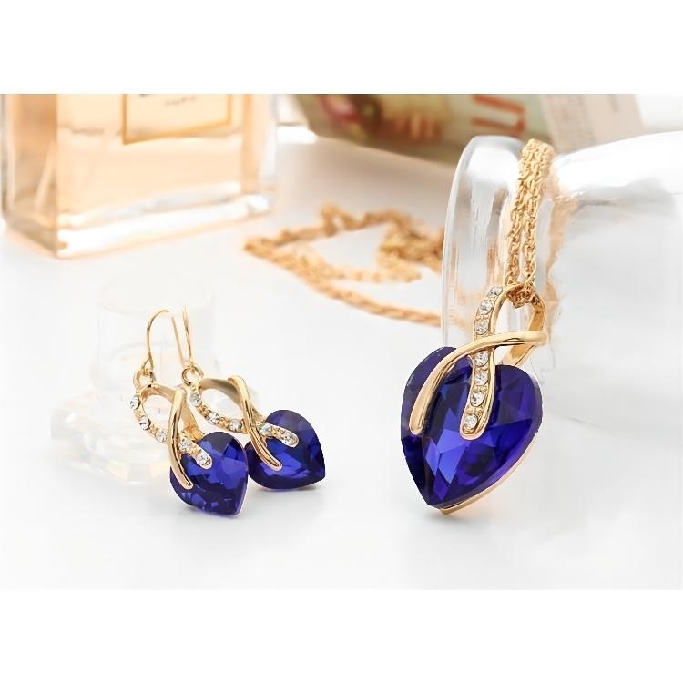 Huadeer Vintage Female Rainbow Crystal Jewelry Set Charm Gold Color Dangle Earrings For Women Simple Love Heart Wedding Chain Necklace