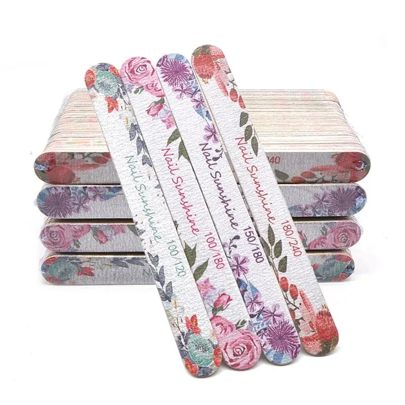 50 Pcs Flower Design Wooden Files Straight Strong Thick Professional Nail Art Files Buffer Polishing Manicure Nails Supplies