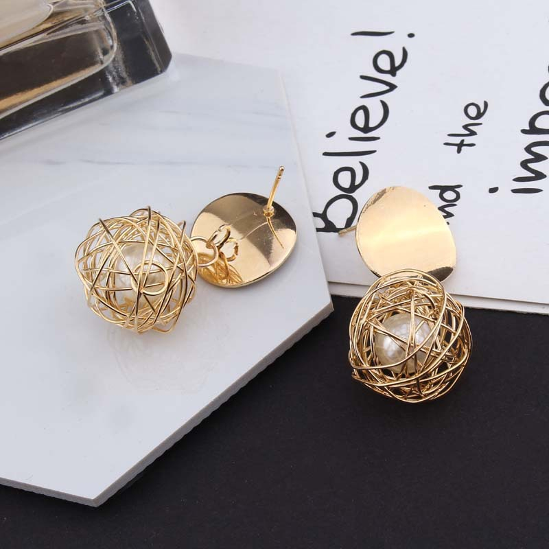 E332 women's minimalist woven openwork balls with pearl stud earrings bohemian style sexy girl earrings