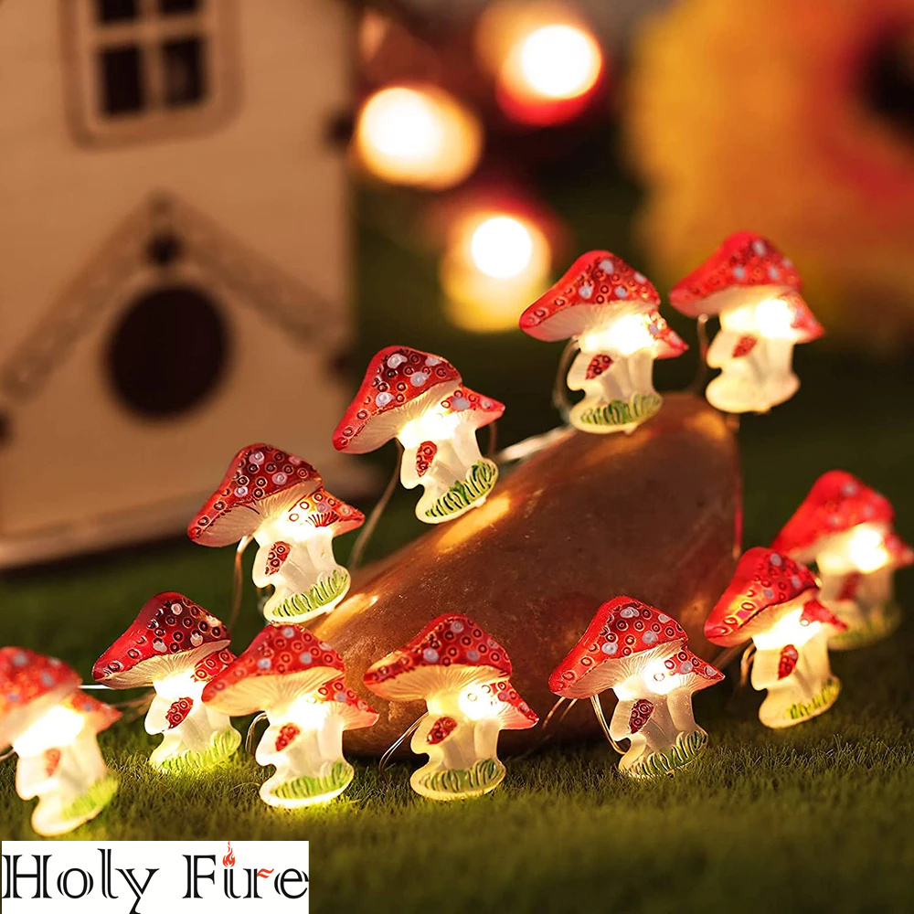 Holy Fire New Battery Operated 3D Stereo Mushroom Copper Wire DIY Fairy String Lamps 20/30Leds Mushroom String Lights For Patio Decor