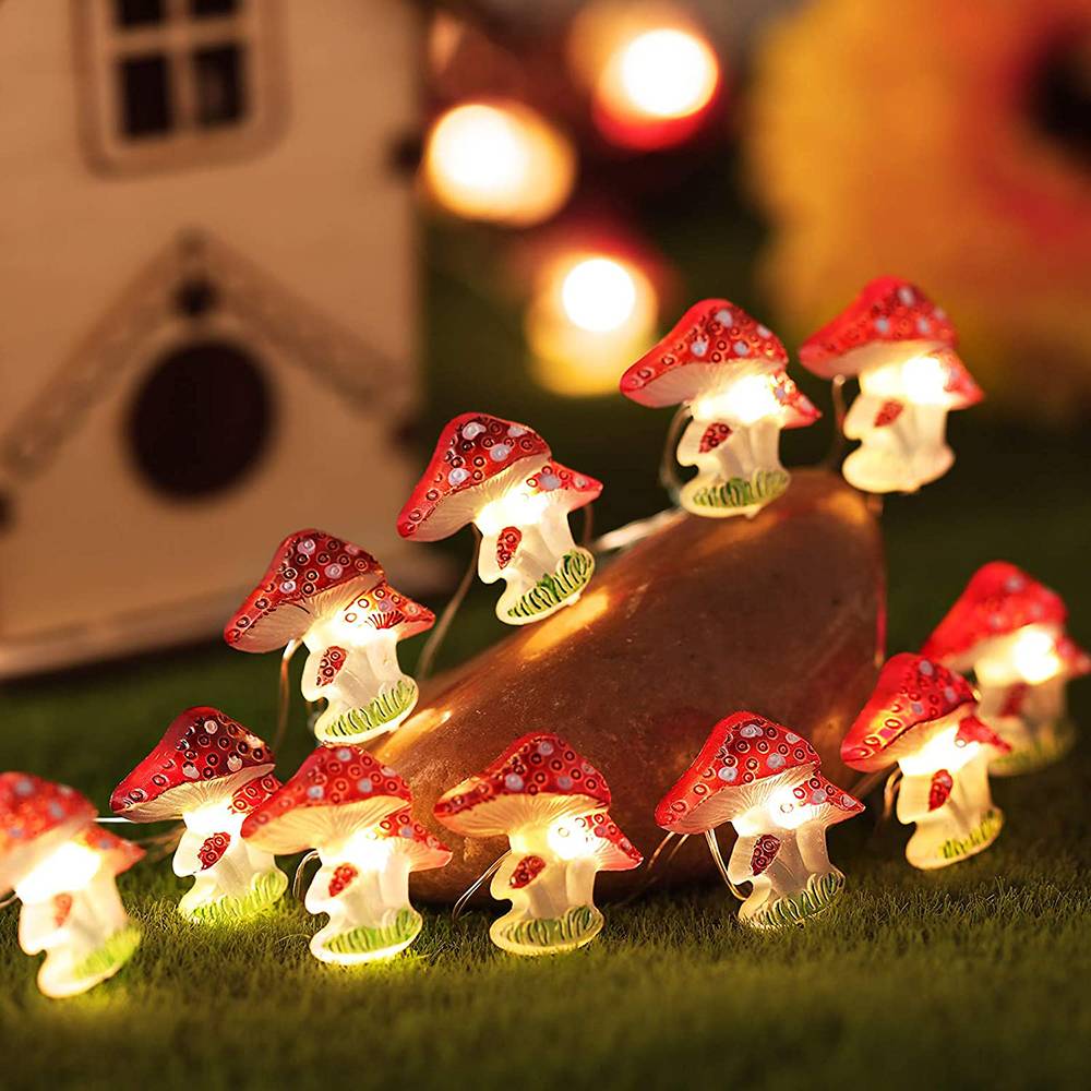 Holy Fire New Battery Operated 3D Stereo Mushroom Copper Wire DIY Fairy String Lamps 20/30Leds Mushroom String Lights For Patio Decor