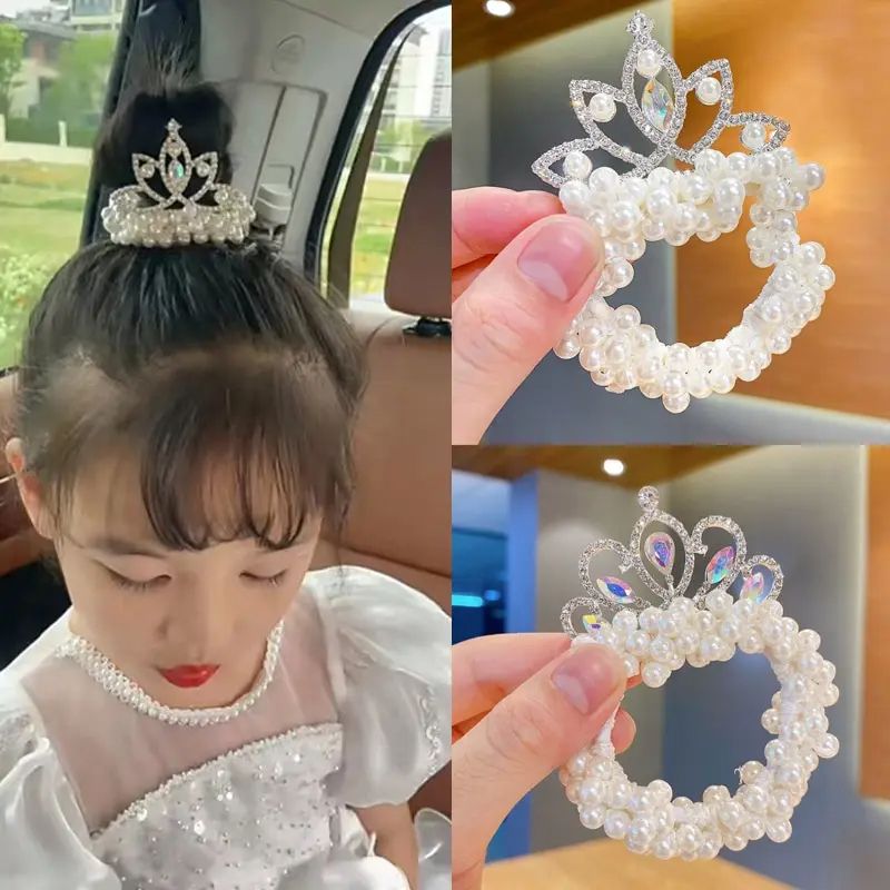 2pcs Fashion Pearl Crown Princess Hair Bands Elastic Rubber Bands Children Ball Hair Bun Ties Hair Styling Accessories
