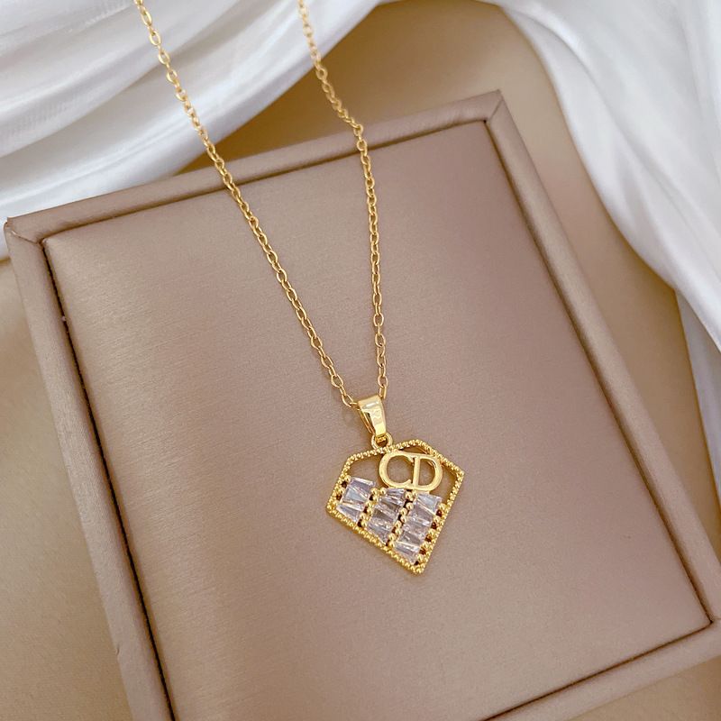 Titanium Steel Chain Hollow Geometric Heart Pendant Necklace With Letter Detail & Baguette Cubic Zirconia, Luxury Elegant Women Clavicle Chain, Fashion Neck Jewelry, Versatile for Daily Dating Party Gift for Ladies
