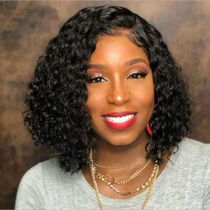 VEONAM Side Part Short Curly Wigs for Black Women Soft Black Big Curly Wig Kinky Curls Heat Resistant Natural Looking Synthetic Wig for African