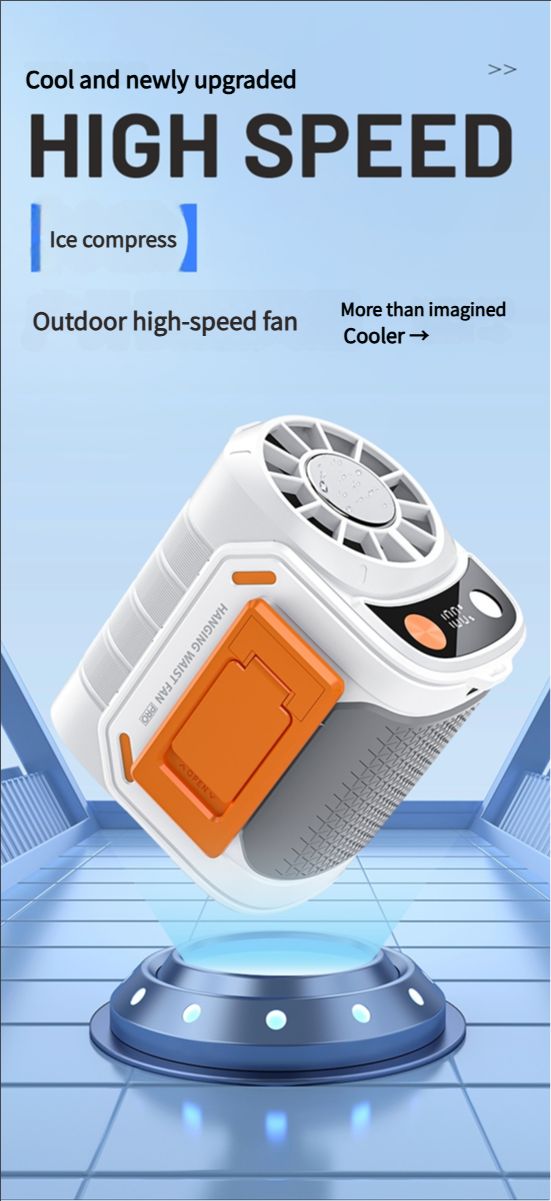 Portable belt air conditioning fan, rechargeable 3-in-1 semiconductor cooling hanging belt fan, equipped with 6000mAh battery and flashlight, three wind speeds, digital display, suitable for construction sites, outdoor, farms, fishing, camping