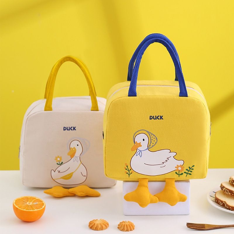 Cute Little Yellow Duck Lunch Bag, Cartoon Lunch Tote, Portable Insulated Lunch Box Bag, Canvas Food Storage Bag for Work & School
