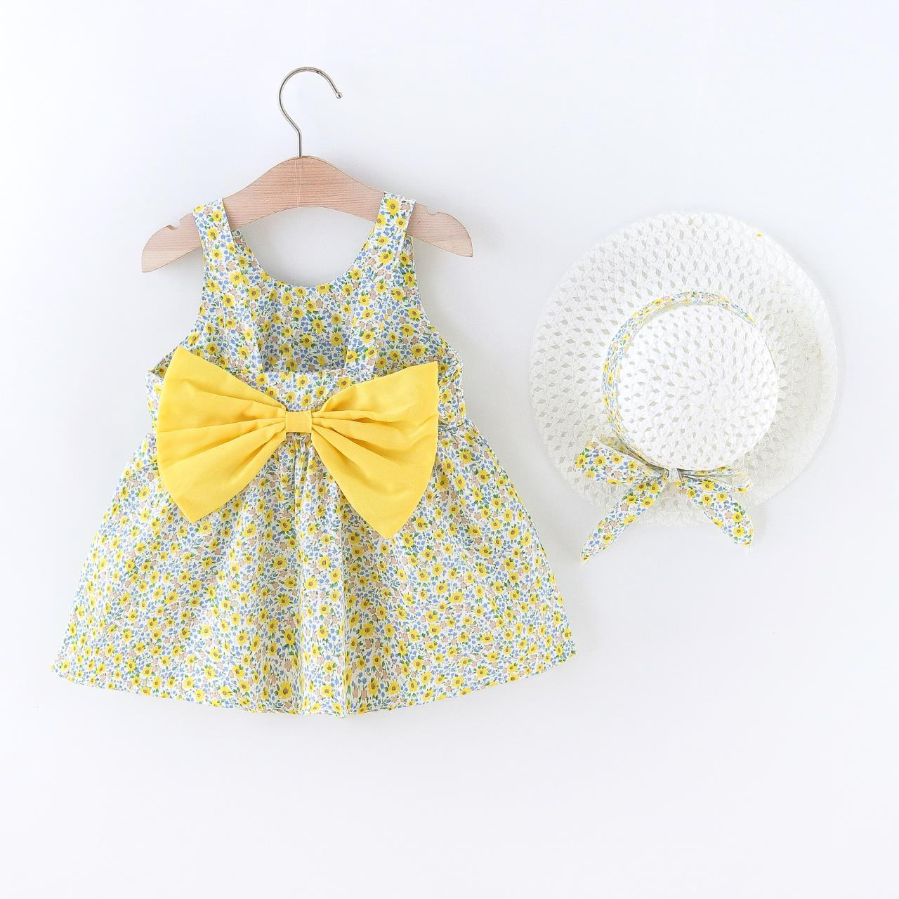 Summer Baby Girl Dresses Flower Bow Suspender Beach Dress Fashion Toddler Girls Kid's Dress Send Hat