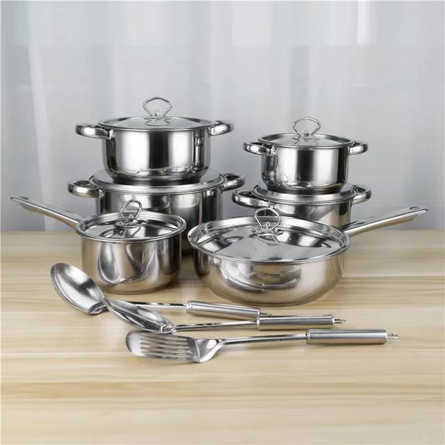 15-piece Stainless steel pot set thick composite bottom silver Cooking Pots frying pan soup pot milk pot spoon soup spoon stir fry spoon cookware set