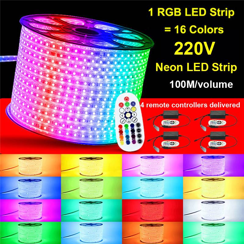Leopard Cat 100M/volumeFlexible LED RGB Rope Light Strip, Multi Color Changing SMD 5050 LEDs, 220V AC, Dimmable, Waterproof, Indoor / Outdoor Rope Lighting + Remote