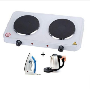 Electric Hot Plate 2 Burner + FREE 2.0 Litre Kettle & Iron - White