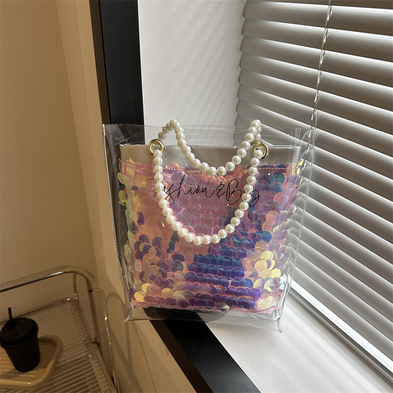 2024 New Transparent Laser Jelly Bag Shoulder PVC Pearl Tote Bag Fashion Shopping Bag