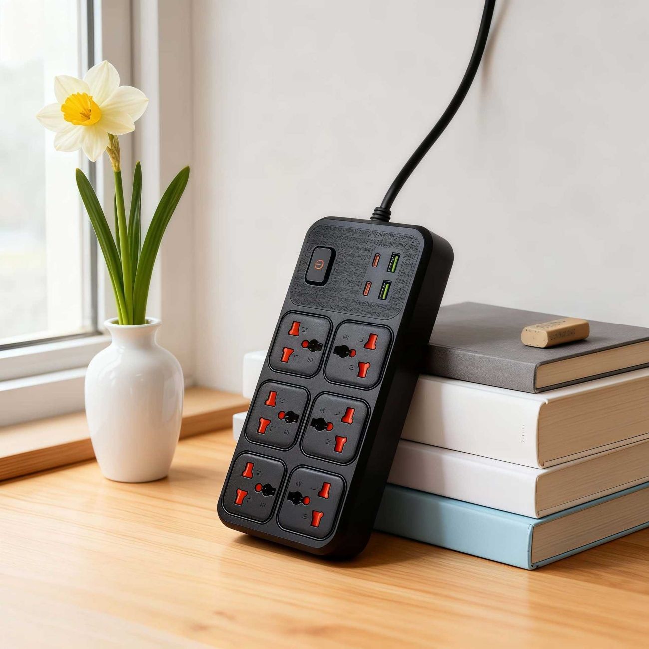 Bulk Supply Black Universal Hole Power Strip, Household & Commercial Multi-Socket Extension Cord, Global 通用 Travel Adapter Socket with Safety Door
