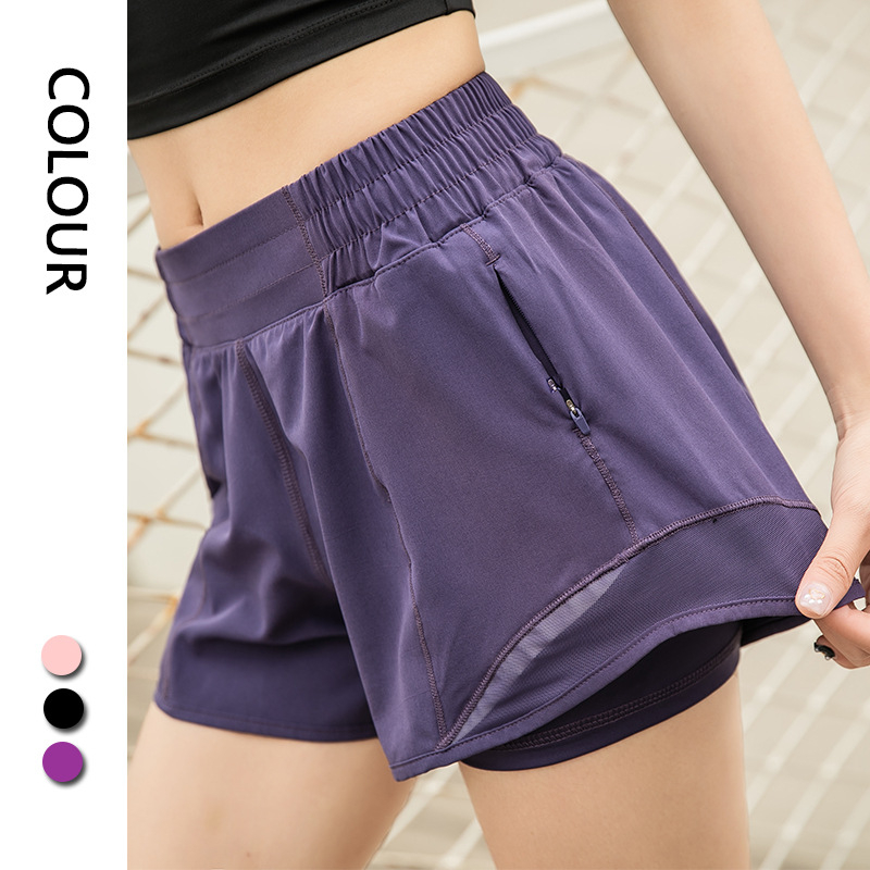 K035 Summer New Quick Dry Two-in-one Yoga Sports Shorts Side Zipper Pocket Gym Workout Training Running Wear Short Pants For Women