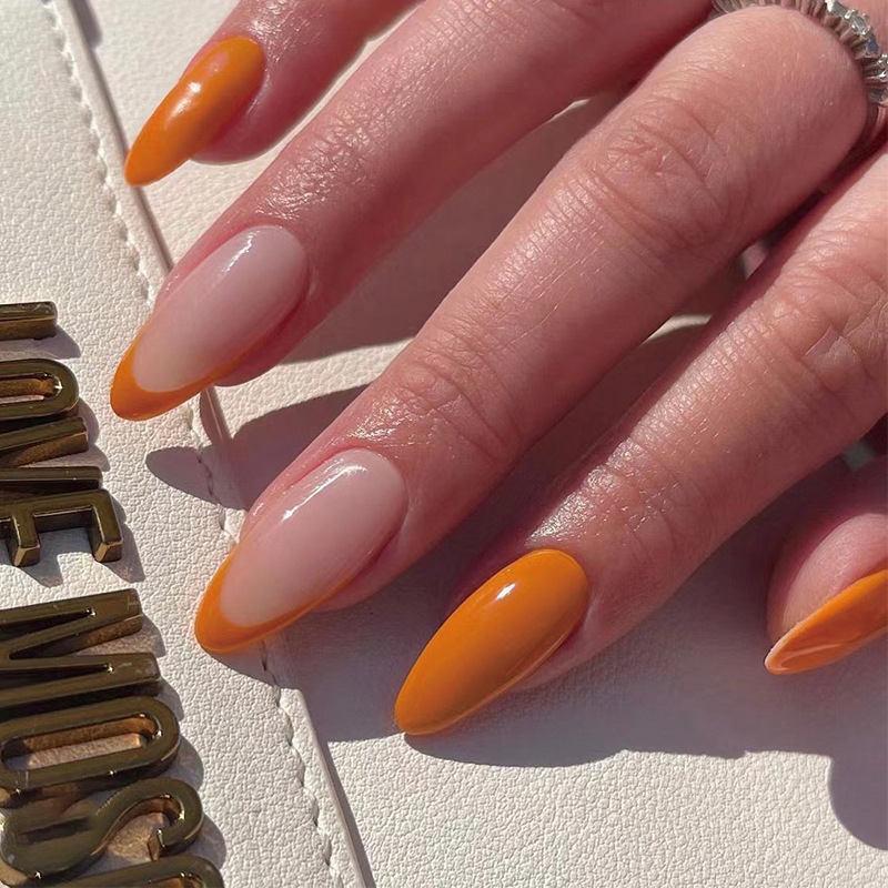 JP1794 24 Pcs Glossy Press on Nails, Medium Stiletto French Orange Edge Solid Color Fake Nails, Acrylics Full Cover False Nails for Women and Girls
