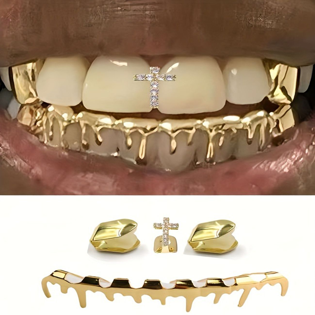 Gold/Silver Drip Grillz with Diamond Cross Accent - Custom Fit Hip Hop Teeth Grillz gold teeth silver teeth gold grillz silver grillz