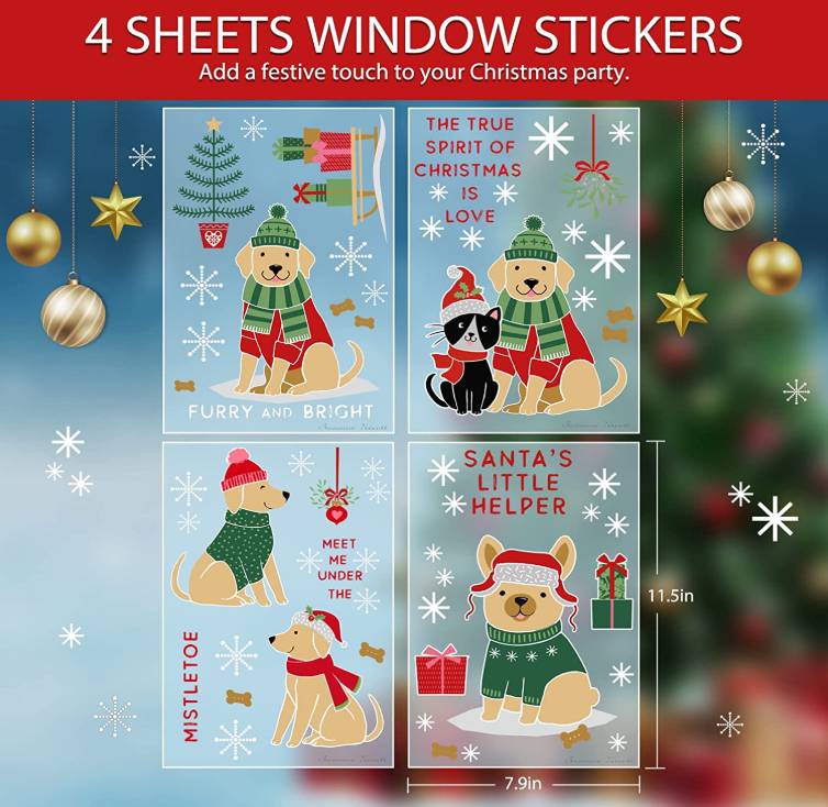 Christmas Window Clings Cute Dog Christmas Window Stickers Double Side Printed Dog Christmas Clings for Glass Windows Snowflakes Window Stickers for Home School Office Decorations 4 Sheets