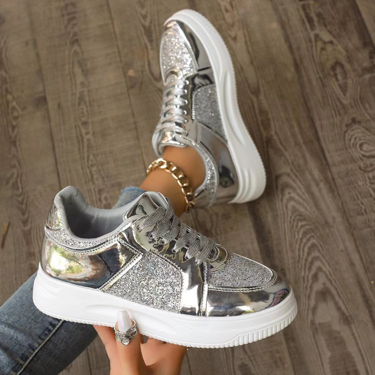 Thick bottom 2024 spring and autumn foreign trade new large size solid color round head shallow lacing fashion women's sports shoes 6688