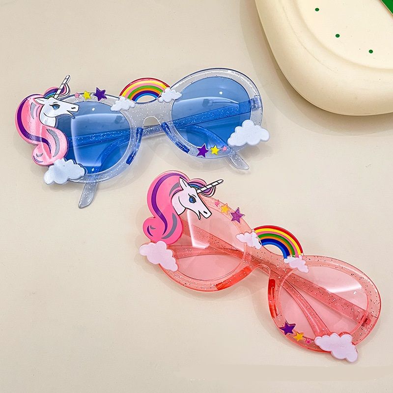 Kids Cute Unicorn Sunglasses, Rainbow & Cloud Decor Glitter Frame Sun Shades, UV400 Protection Toddler Sunglasses for Girls, Round Transparent Cartoon Eyewear for Party/Beach/Outdoor, Multiple Colors Available