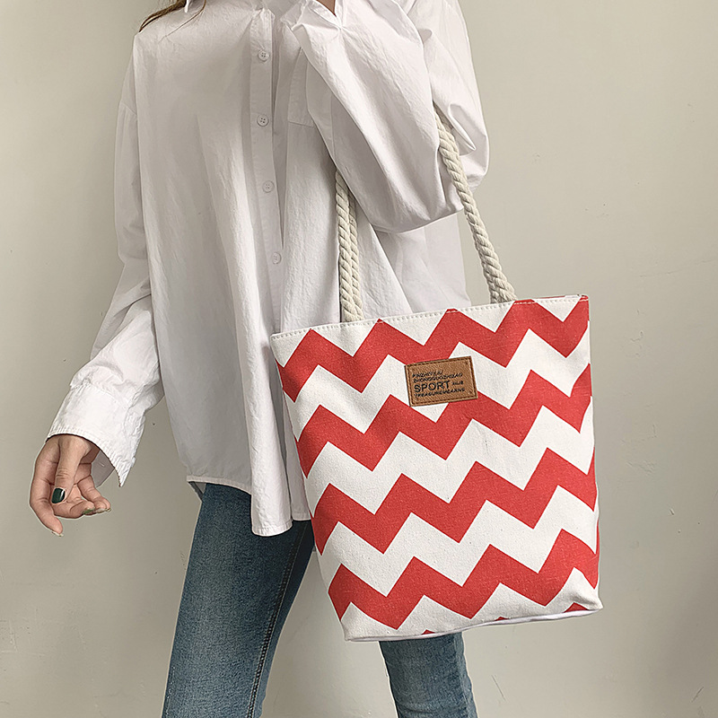 Tospino Women Wave Stripe Canvas Large Capacity Shoulder Bag Totes Shopping Handbag