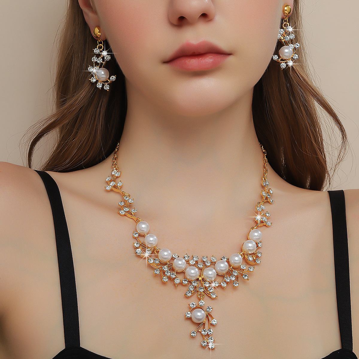Elegant 2-Piece Bridal Jewelry Set, Sparkling Rhinestone Inlaid Pearl Necklace (54cm Adjustable Chain) and Matching Drop Earrings, Delicate Branch-Shaped Metal Craft, Chic Women Formal Ornaments, Premium Accessories for Wedding Ceremony Evening Gown Banquet Prom Festive Occasion Lovely Ladies Gift

