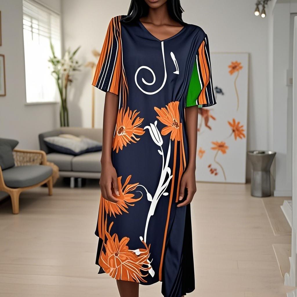 92% Silk Round Neck Black Printed Women's Dress
