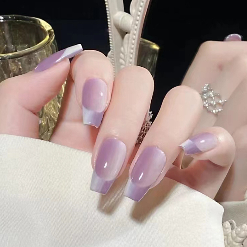 R615 24 Pcs Glossy Press on Nails, Medium Coffin Long Taro Purple Double Color Gradient French Fake Nails, Full Cover Artificial False Nails for Women and Girls
