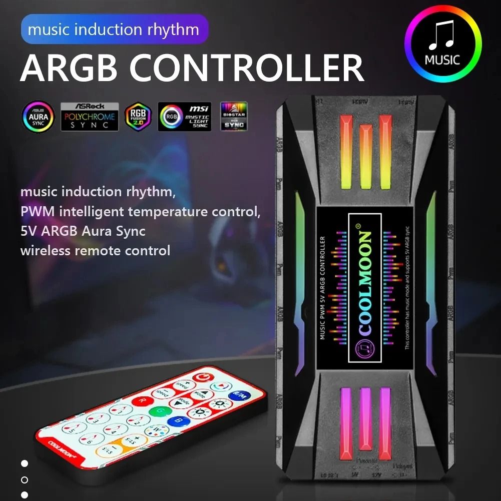 AUNONT CoolMoon Magnetic ARGB Controller Wireless Remote Control 4Pin PWM 5V 3Pin ARGB Aura Sync PC Case Cooling Fan HUB for Computer
