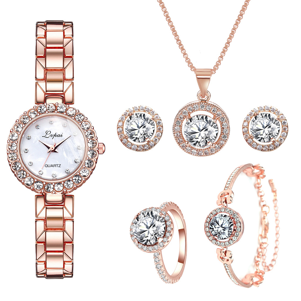 Watch + Bracelet + Necklace + Earrings + Ring 5 Piece Set Jewelry Package Round Diamond Watch Simple Quartz Watch Watch Steel Band Ladies Quartz Watch Girls Student Jewelry Pointer Watch