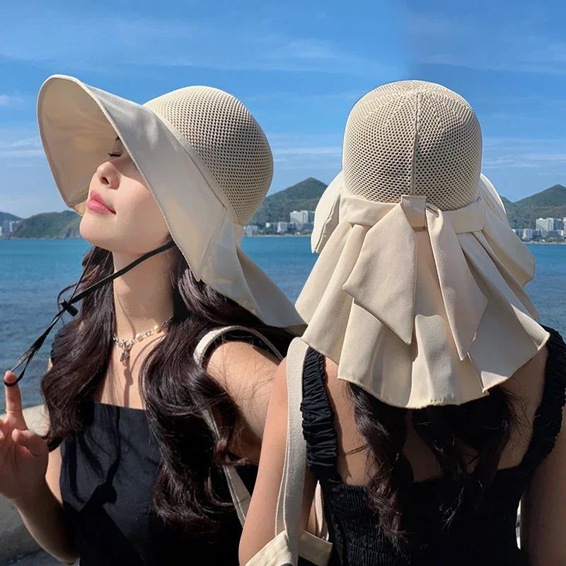 Summer Women Bucket Hat with Shawl Lightweight Breathable Mesh Face Neck Protection Sun Hat Bow Pleat Beach Cap Design Travel