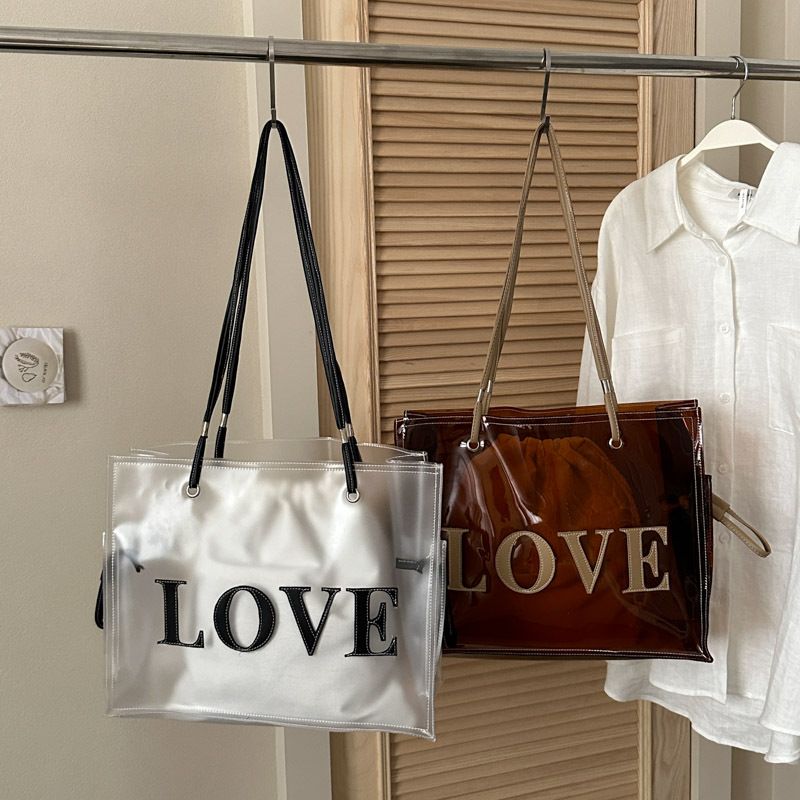 Women's Large Capacity Transparent PVC Tote Bag, 36.5x29cm Shoulder Bag with LOVE Print & Inner Pouch, Versatile Casual & Beach Handbag
