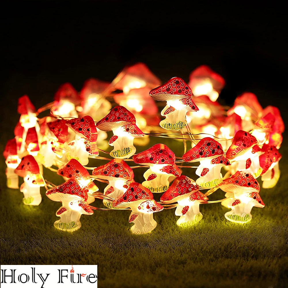 Holy Fire New Battery Operated 3D Stereo Mushroom Copper Wire DIY Fairy String Lamps 20/30Leds Mushroom String Lights For Patio Decor