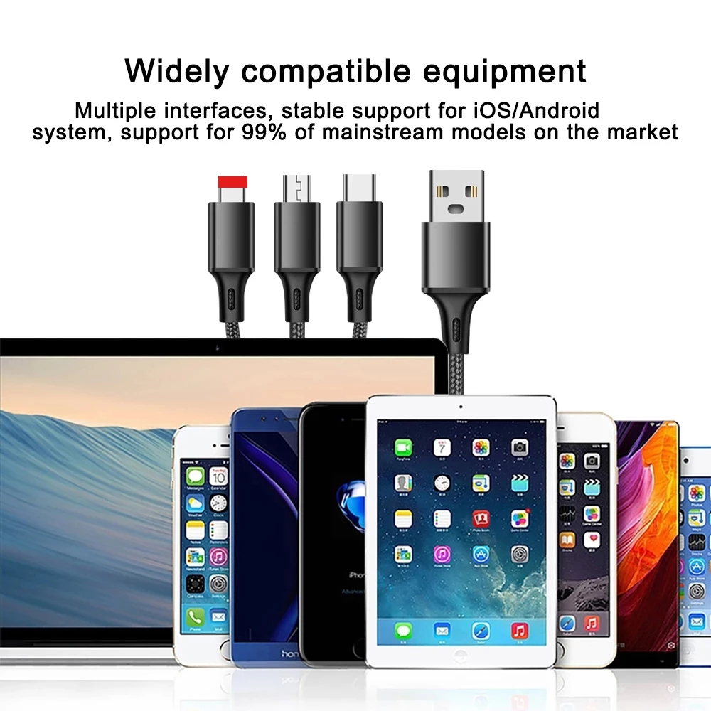 1.2m nylon braided one to three data cable multi 2A fast charging 3 in 1 phone charging cable