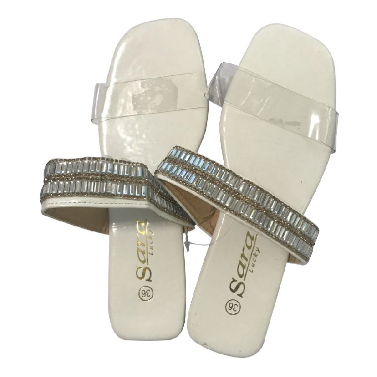 women's sandals square toe flat heel non-slip casual outdoor women's slippers - Shining diamonds strip design