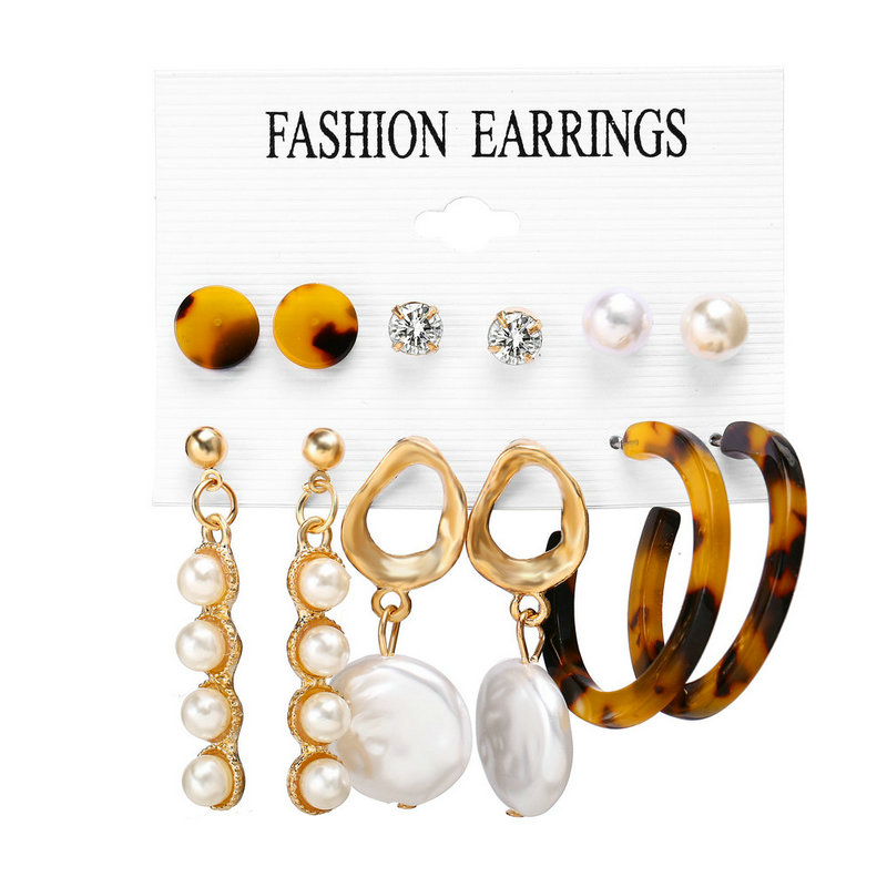 5173 6pcs Set of Acrylic Faux Pearl Pendant Earrings Bohemian Circle Tassel Earrings Women's Jewelry